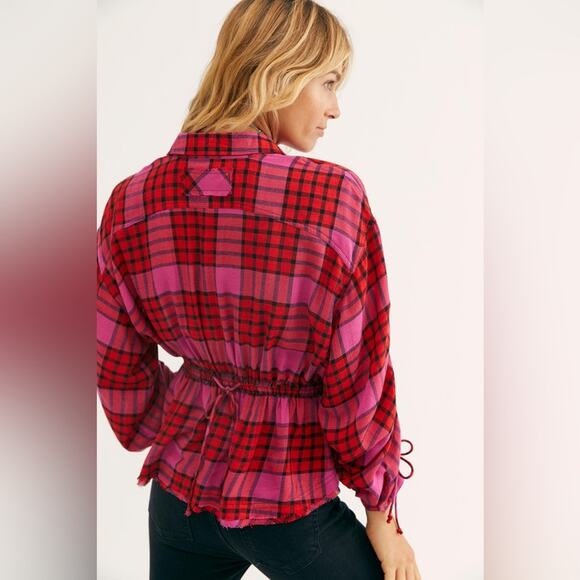 Free People Pacific Dawn Red Pink Drawstring Plaid Shirt Medium - Picture 14 of 14